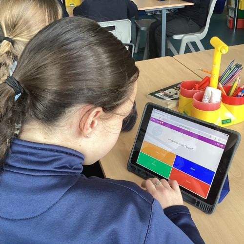 Using iPads to access online quizzes for Seactain Na Gaeligle!